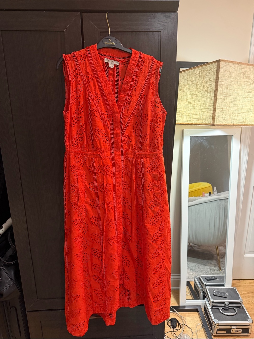 AllSaints Red Sleeveless Lace Midi Dress